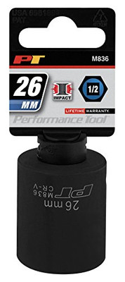 Performance Tool M836 1/2 Dr 26mm 6Point Impact Socket, 1 Pack