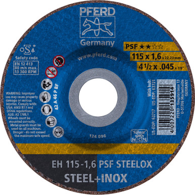 Opens dialog PFERD 63717 4-1/2" x .045" Cut-Off Wheel, 7/8" A.H. PSF STEELOX - Type 27 (25pk)