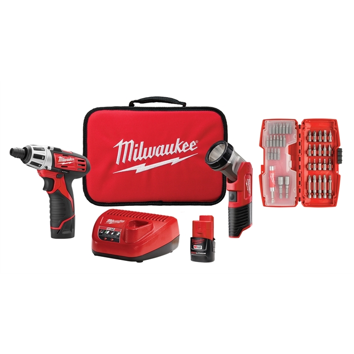 Milwaukee 2482-22M12 SCREWDRIVER LED WORKLIGHT, 40-PC BIT SET, (2) 1.5 AH BATT BAG