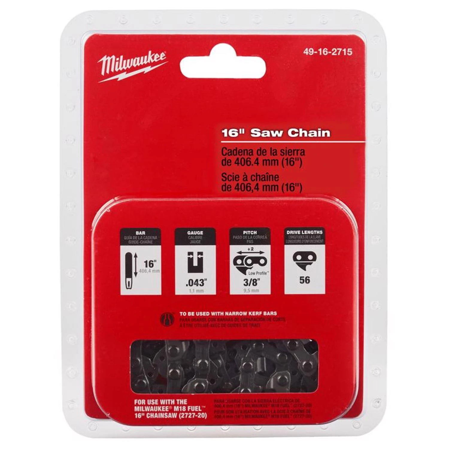 16 In. Chainsaw Chain, 56 Links, 0.043 In. Gauge, 0.375 In. Pitch