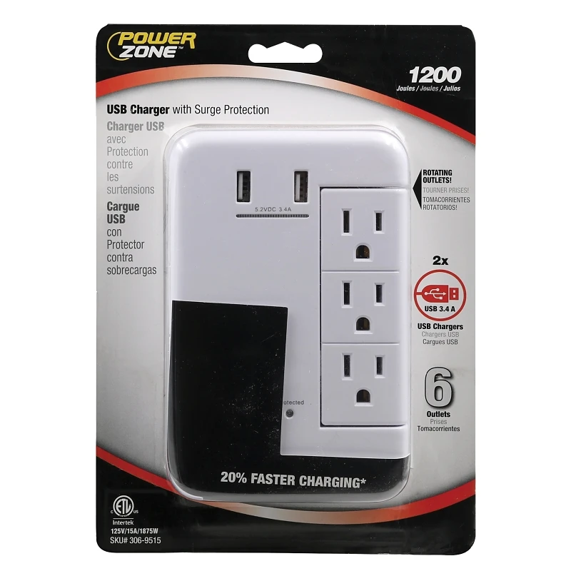 Usb Charger With 6 Outlets, 1200 Joules, 2 Ports, 3.4 Amps