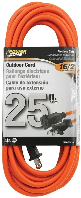 Sjtw Outdoor Extension Cord, 16 Awg, 25 Feet Length, Orange Sheath