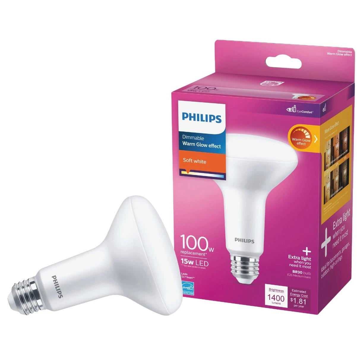 Warm Glow 100w Equivalent Soft White Br30 Medium Dimmable Led Floodlight Light Bulb
