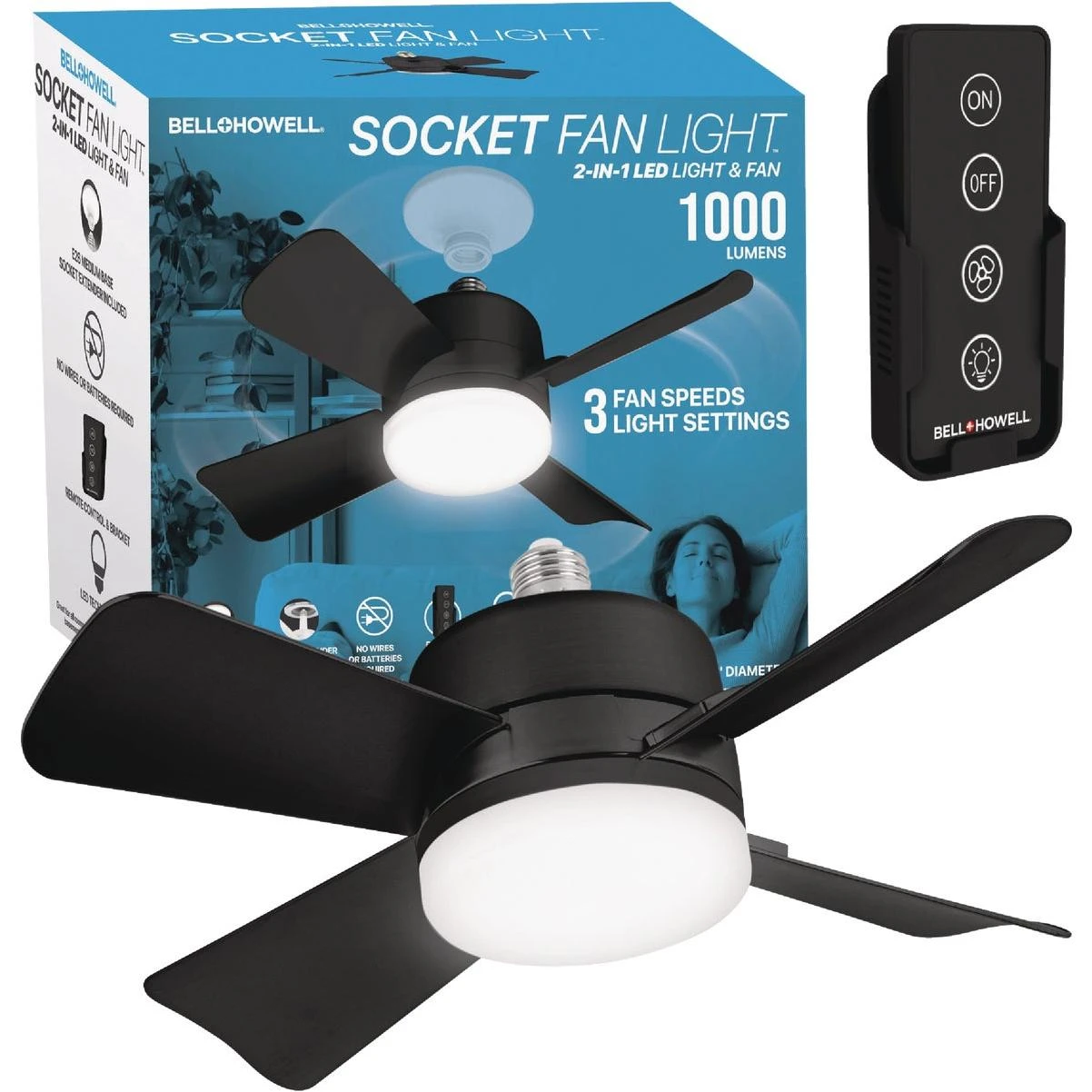 Bell+howell Black Ceiling Socket Fan/light