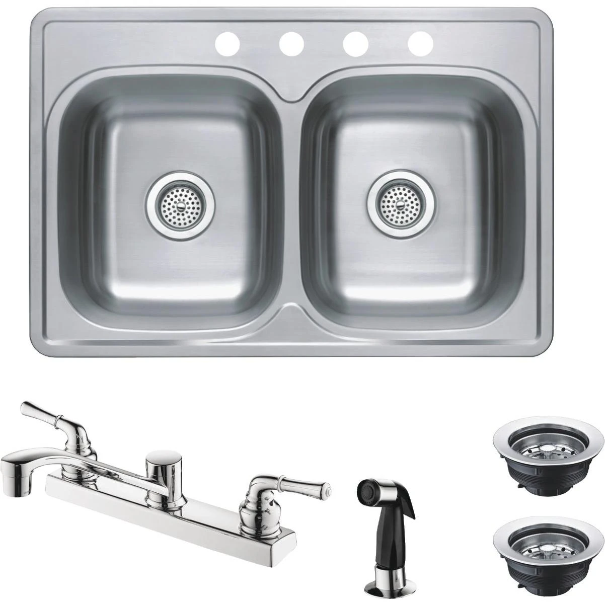 Compass Manufacturing 33in Double-bowl Sink Kit With 2-handle Faucet – Satin Stainless Steel