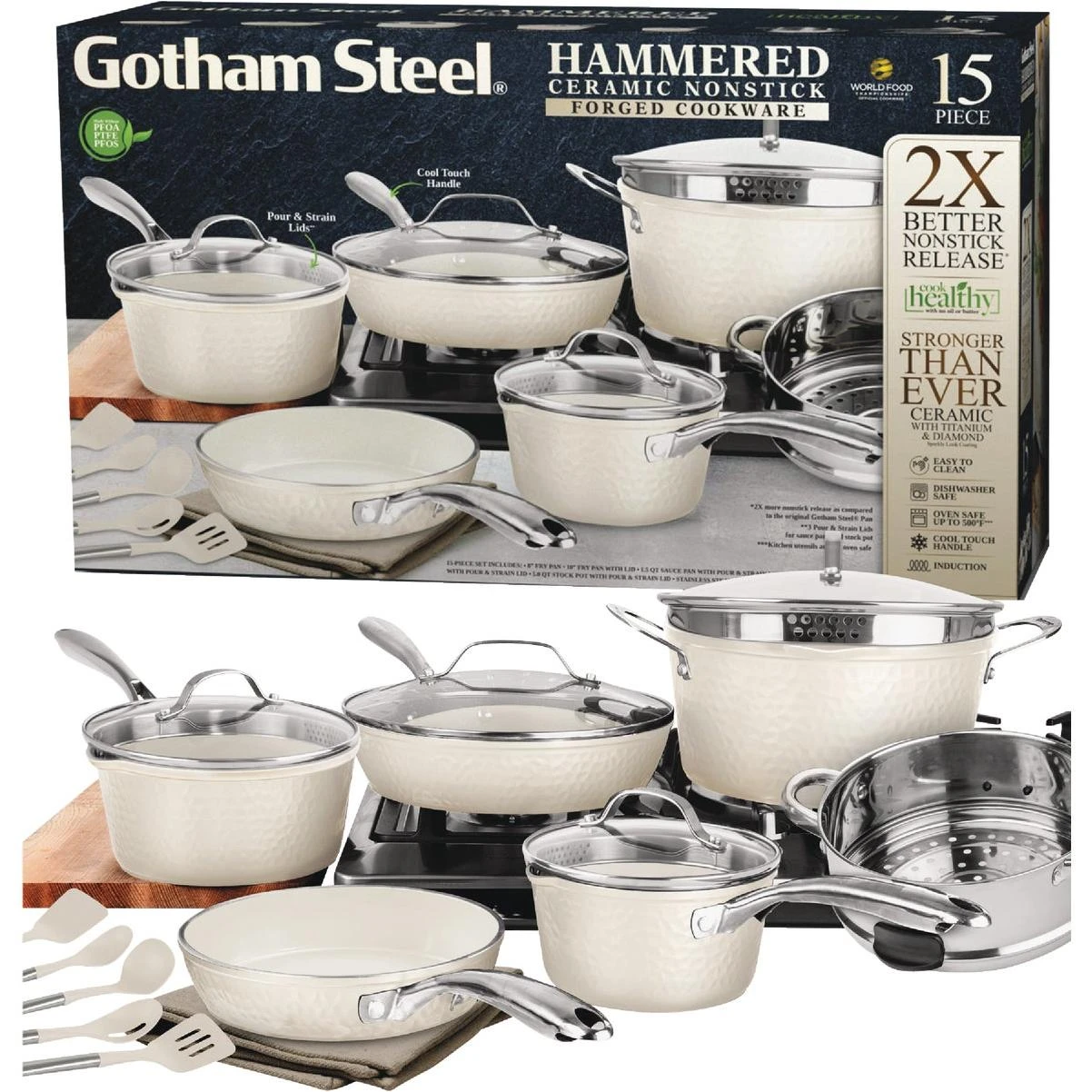 Hammered Cream Cookware Collection (15-piece)