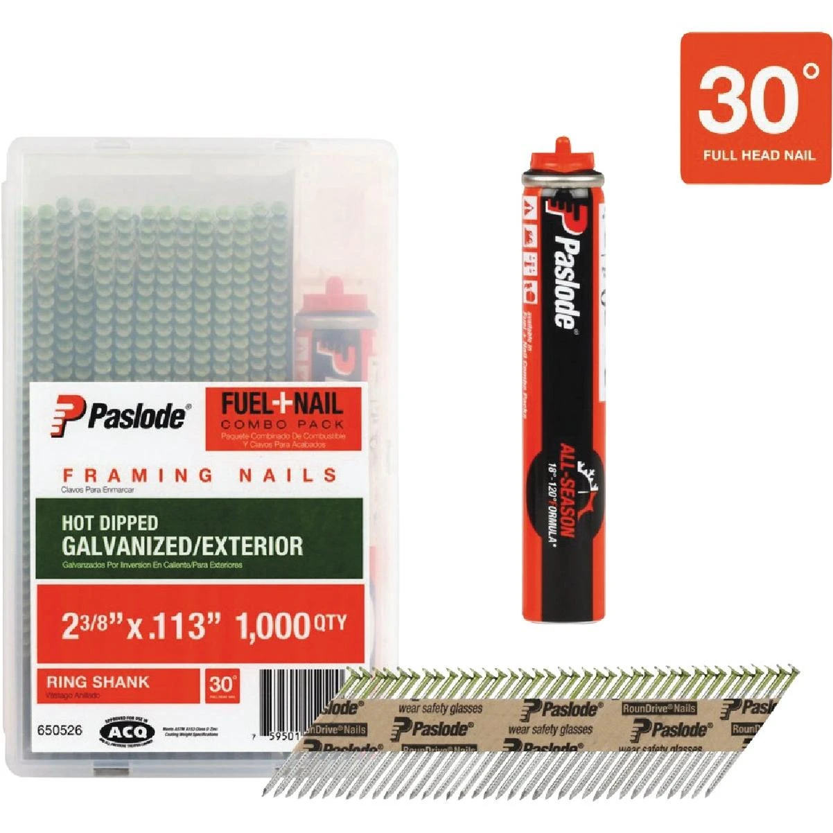 2-3/8 In. X 0.113 In. 30 Degree Paper Tape Hot Dipped Galvanized Plus Ring Shank Roundrive Framing Nails With (1) Framing Fuel Cell (1000 Ct.)