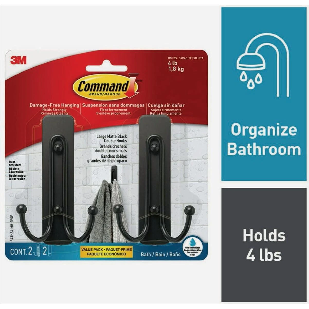Large Double Bath Hook, Matte Black, 2 Hooks, 2 Strips