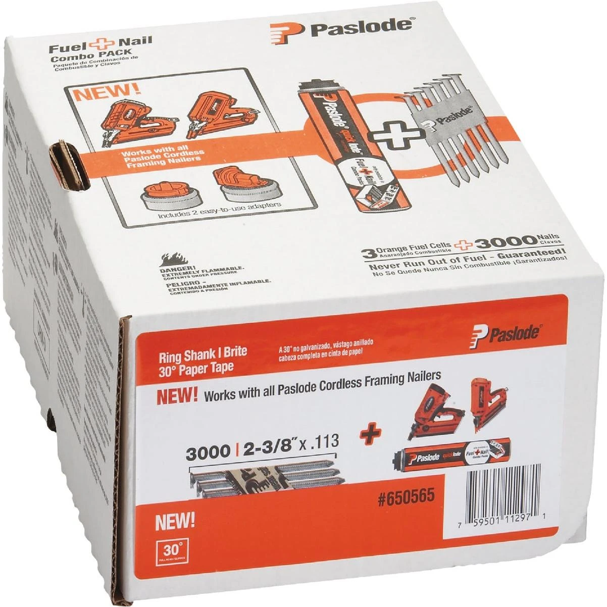 2-3/8 In. X 0.113 In. 30 Degree Paper Tape Brite Ring Shank Roundrive Framing Nails With (3) Framing Fuel Cells (3000 Ct.)