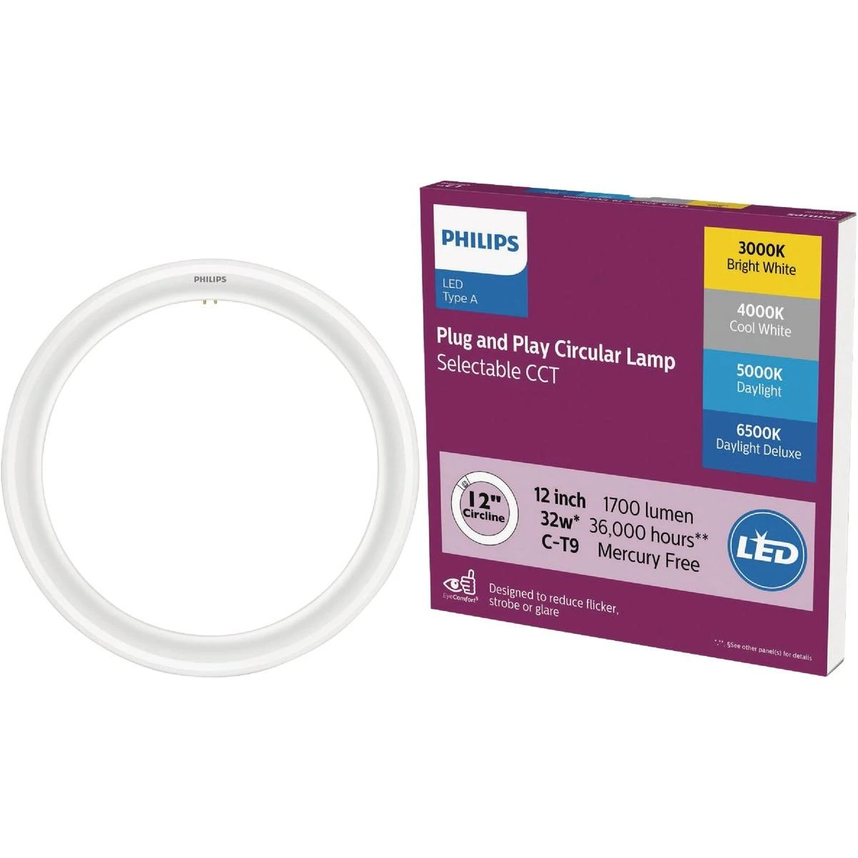 Circline Led Bulb 12-inch, 4-cct Selectable White, G10q Base (32w Equivalent)