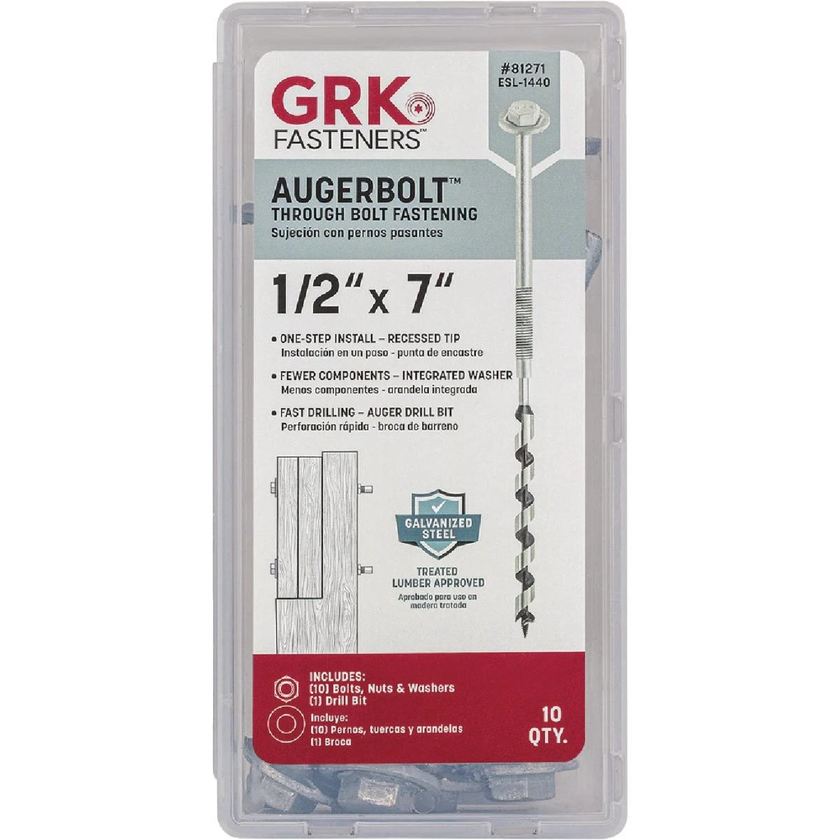 Grk Augerbolt 1/2 In. X 7 In. Galvanized Hex Through Bolt (10-count)