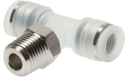 10mm x R3/8'' Polypropylene (PP)/Stainless Steel Inline Tee Push-in Fitting with Male Threads EPDM FDA Rotatable