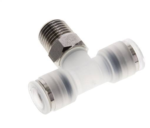 8mm x R1/4'' Polypropylene (PP)/Stainless Steel Inline Tee Push-in Fitting with Male Threads EPDM FDA Rotatable