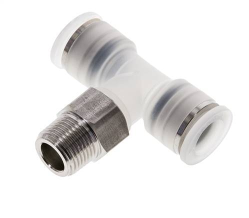 12mm x R3/8'' Polypropylene (PP)/Stainless Steel Inline Tee Push-in Fitting with Male Threads EPDM FDA Rotatable