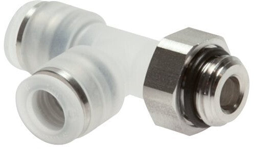 6mm x R1/4'' Right Angle Polypropylene (PP)/Stainless Steel Tee Push-in Fitting with Male Threads EPDM FDA Rotatable