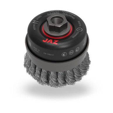 Opens dialog JAZ 54282 - 4" Twist Knot Wire Cup Brush, Double Row, w/Metal Ring, .020" 302SS, 5/8"-11 Thread