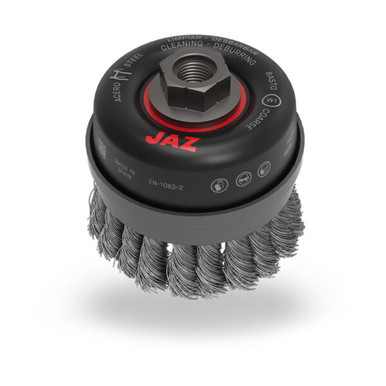 Opens dialog JAZ 54092 - 4" Twist Knot Wire Cup Brush, w/Metal Ring, .032" Steel, 5/8"-11 Thread